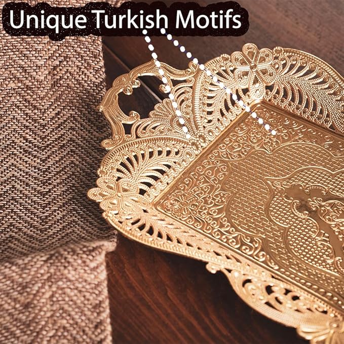 Small Gold Turkish Tea Coffee Serving Tray Table Decor Decorative Handles Rectangle