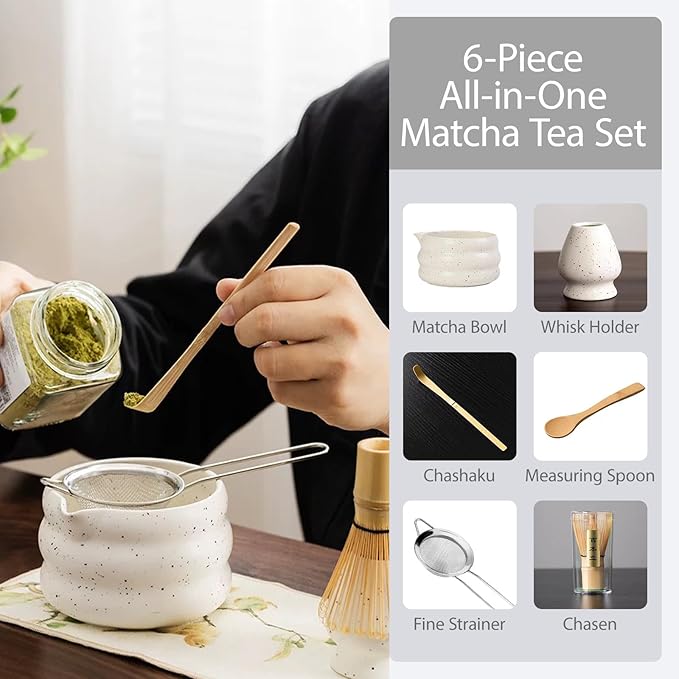 Matcha Whisk Kit Set of 6 includes Matcha Bowl, Matcha Bamboo Whisk, Scoop, Spoon Sifter, Whisk Holder Tea Accessories Gift for Tea Lovers(White Sand)