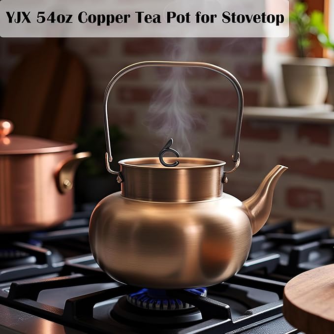 YJX Pure Copper Tea Kettle For Stovetop, Chinese Style Non-Coating Teapot with Stainless Steel Tea Ball For Loose Tea, Solid Tea Pot (1600ml)