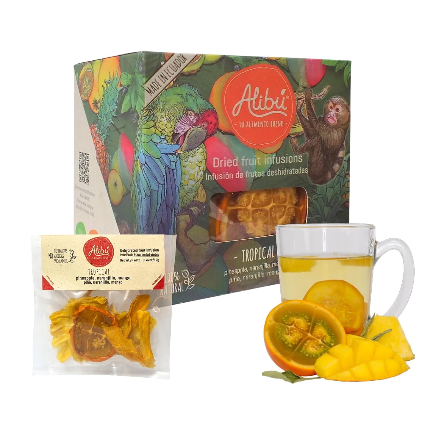 Alibú Dried Fruit Tea Infusions - Tropical - Naranjilla, Mango, Pineapple – Certified Vegan, 100% Natural, Hot or Iced, Caffeine Free, Eat and Drink - Box of 2.12 oz