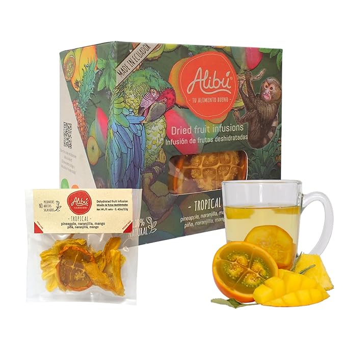 Alibú Dried Fruit Tea Infusions - Tropical - Naranjilla, Mango, Pineapple – Certified Vegan, 100% Natural, Hot or Iced, Caffeine Free