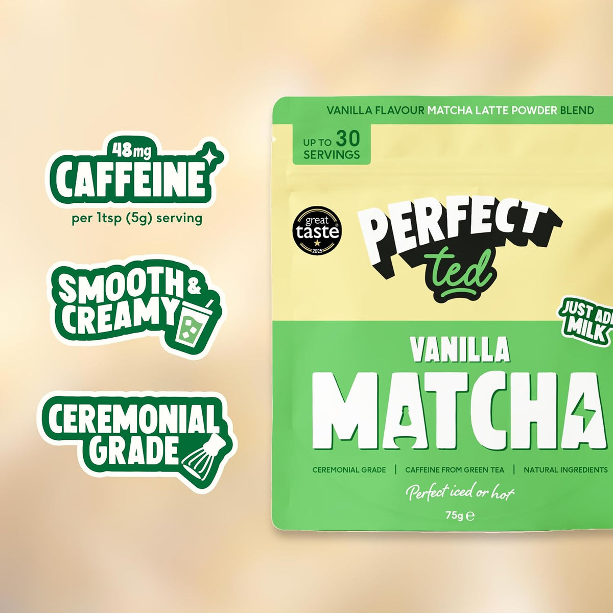 Perfect Ted Matcha Powder | Vanilla Bean Flavor 75g | Matcha Powder Ceremonial Grade | Single-Origin Uji, Japan | Matcha Green Tea Powder (30 Servings)