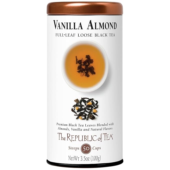 The Republic of Tea Vanilla Almond Full-Leaf Loose Black Tea 3.5 Oz Tin | Steeps 50 Cups | Caffeinated