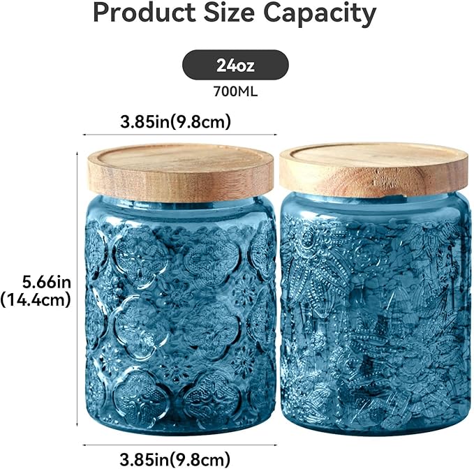 Glass Jar with Lid, Vintage Glass Storage Jars with Airtight Lid Coffee Canister Sugar Container for Kitchen Counter Pantry, Spice, Candy, Coffee Beans, Tea, Cookie (24 FL OZ Blue Begonia)