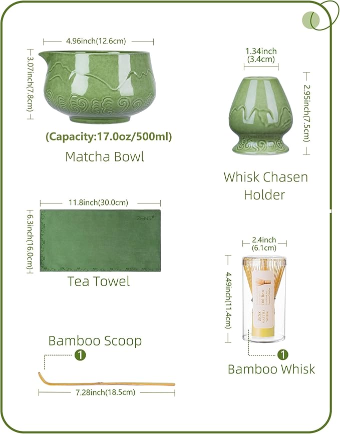 Zens Matcha Whisk Set, 15oz Ceramic Matcha Bowl with Spout and Bamboo Whisk, (Chasen Holder) Scoop & Tea Towel, 5pcs Matcha Kit for Matcha Ceremony
