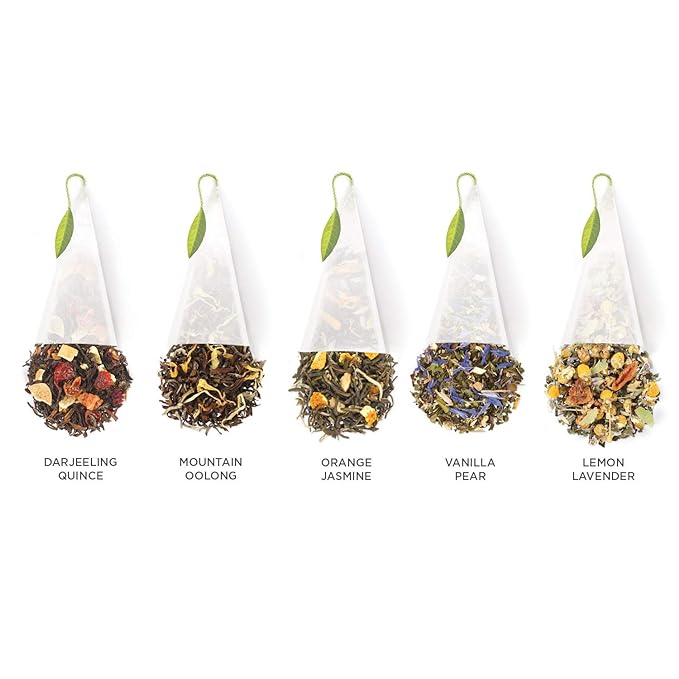 Tea Forte Lotus Petite Presentation Box Tea Gift Set Sampler, 10 Assorted Variety Handcrafted Pyramid Infuser Bags, Black, Green, Oolong, White, Herbal Blends