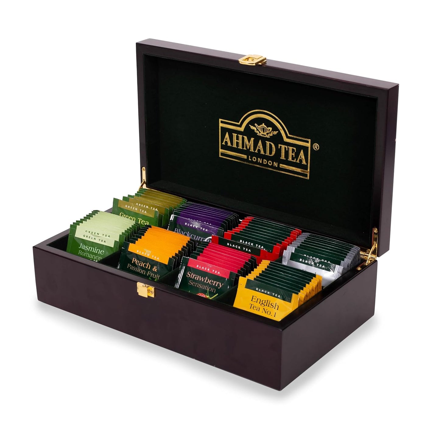Ahmad Tea Black &amp; Green Tea, Wooden Tea Keeper, 8 Popular Blends 10 ct (each) 80 Teabags Total - Caffeinated &amp; Sugar-Free