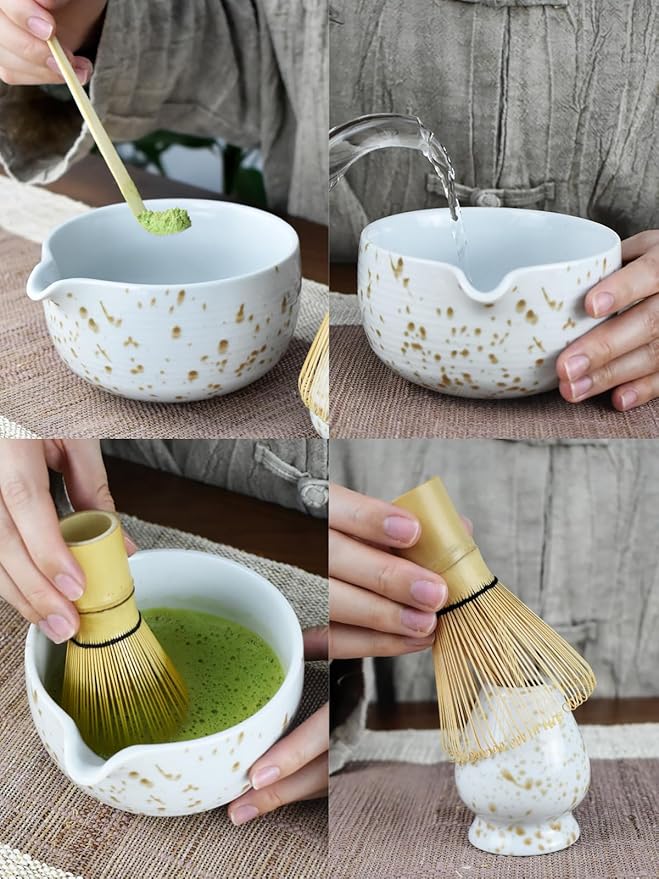 Artcome Matcha Tea Set - Ceramic Matcha Bowl with Pouring Spout, Bamboo Whisk, Whisk Holder, Tea Scoop & Matcha Manual