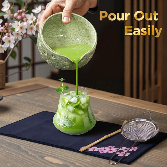 AANQQ Matcha Whisk Set: 7-PCS Matcha Set Whisk & Bowl Kit - 19OZ/560ml Ceramic Matcha Bowl with Spout - Matcha Starter Making Kit Ceremony Gift for Japanese Tea Lovers/Kitchen/Office (Green)