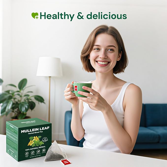 Natural Mullein Tea Bags – Mullein Leaf & Mint Herbal Blend, Caffeine-Free, 20 Bags