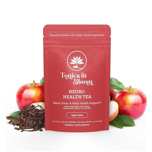 ANATOPEAK Brain Health Organic Herbal Tea - Yerba Mate, Rhodiola, Ginkgo Biloba, Lions Mane Mushroom, Green Tea and Matcha - For Brain Support and Focus - 30 Tea Bags (Apple Spice Flavor)