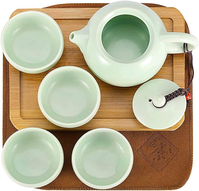 Flexzion Chinese Japanese Vintage Kungfu Gongfu Tea Set Portable Travel Teapot, (Jade Green Celadon/Greenware) Porcelain Ceramic Tea Pot, 4 Tea Cup, Bamboo Tea Tray, Tea Mat, Portable Travel Bag