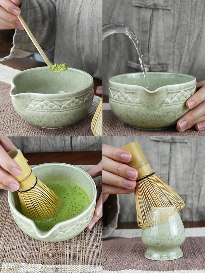 Artcome Matcha Tea Set with Pouring Spout - Green Ceramic Matcha Bowl, Bamboo Whisk, Whisk Holder