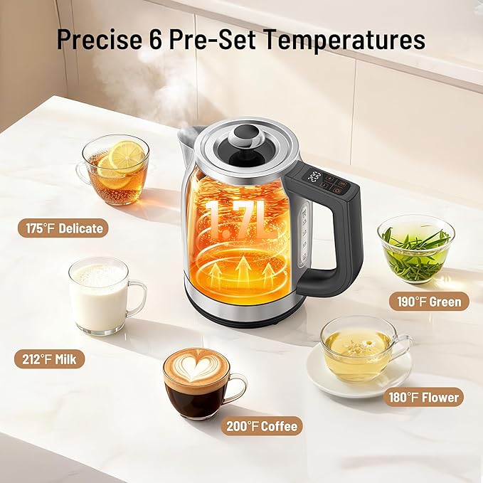 Electric Kettle Temperature Control, 1.7L 1500W Electric Tea Kettle with 13 Temperature Settings, Strix Thermostat, LED Display&Touch Control