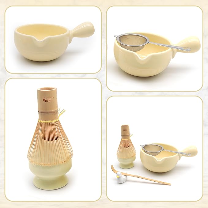 HAPPY PATH & CO Matcha Whisk Set – 6 Pcs Matcha Tea Set Includes Bamboo Whisk(Chasen) & Holder,Bowl with Spout,Sifter,Scoop & Stand | Matcha Making Kit - Perfect for Matcha Lovers(Sunny Duckling)