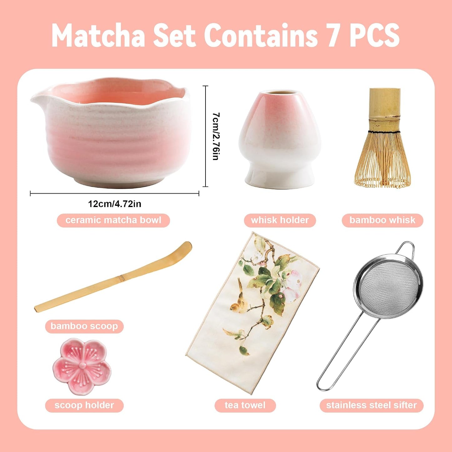 Matcha Whisk Set Ceramic Matcha Set Includes Bowl,Spout Bamboo Chasen Whisk with Ceramic Holder, Matcha Scoop and Stainless Sifter, Matcha Kit Valentine's Day Gifts for Women(7Pcs,Pink)