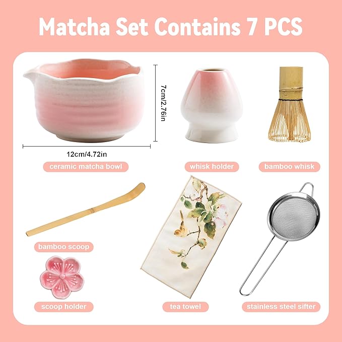Matcha Whisk Set Ceramic Matcha Set Includes Bowl,Spout Bamboo Chasen Whisk with Ceramic Holder, Matcha Scoop and Stainless Sifter