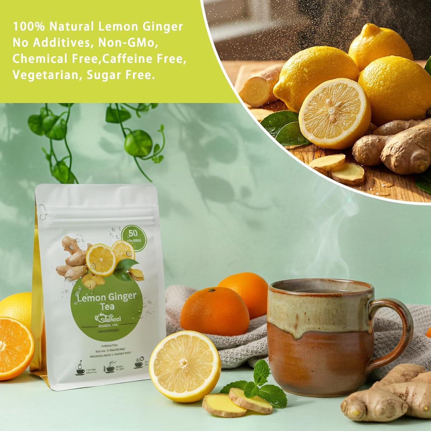 Samcci Lemon Ginger Tea Bags, 50 Counts, Non-GMO, Caffeine-Free