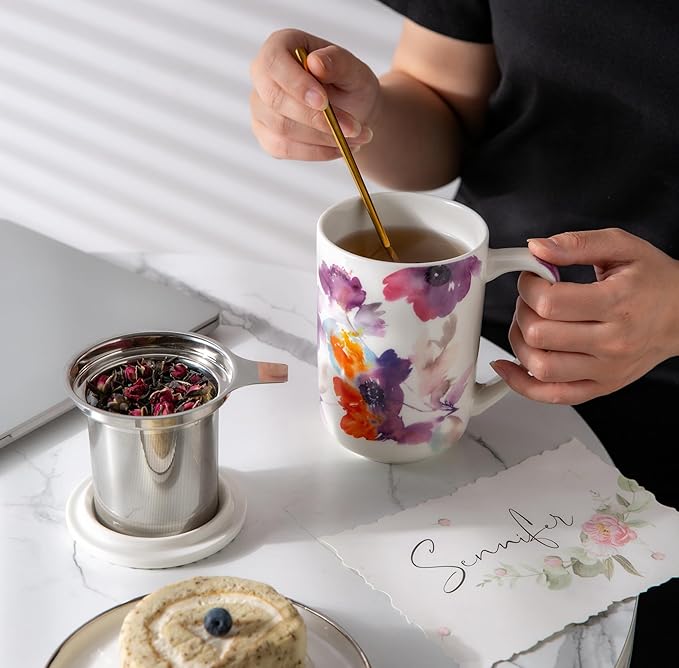 AmorArc Porcelain Tea Mug with Infuser and Lids, 18 Oz Large Cup Strainer with Bag Holder for Loose Leaf Tea