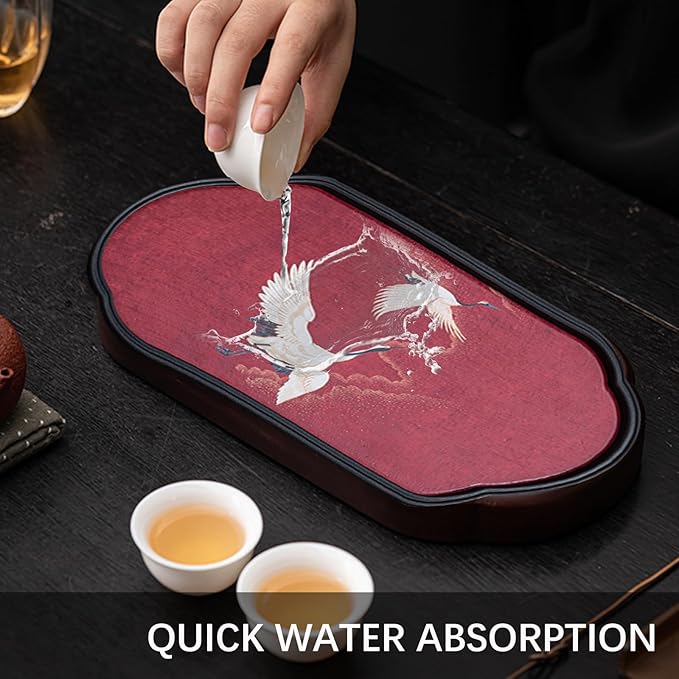 Elegant Absorbent Tea Tray – Vintage Handcrafted Gongfu Tea Table with Crane & Nature-Inspired Patterns, Tea Serving Tray