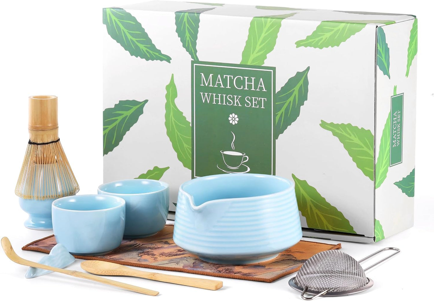 HELPLX Matcha Whisk Set, 10-Piece Japanese Matcha Kit with Bowl, Whisk &amp; Holder, 2 Tea Cups, Bamboo Scoop, Spoon, Sifter, Scoop Rest &amp; Tea Towel – Blue Matcha Tea Set for Ceremony or Daily Use