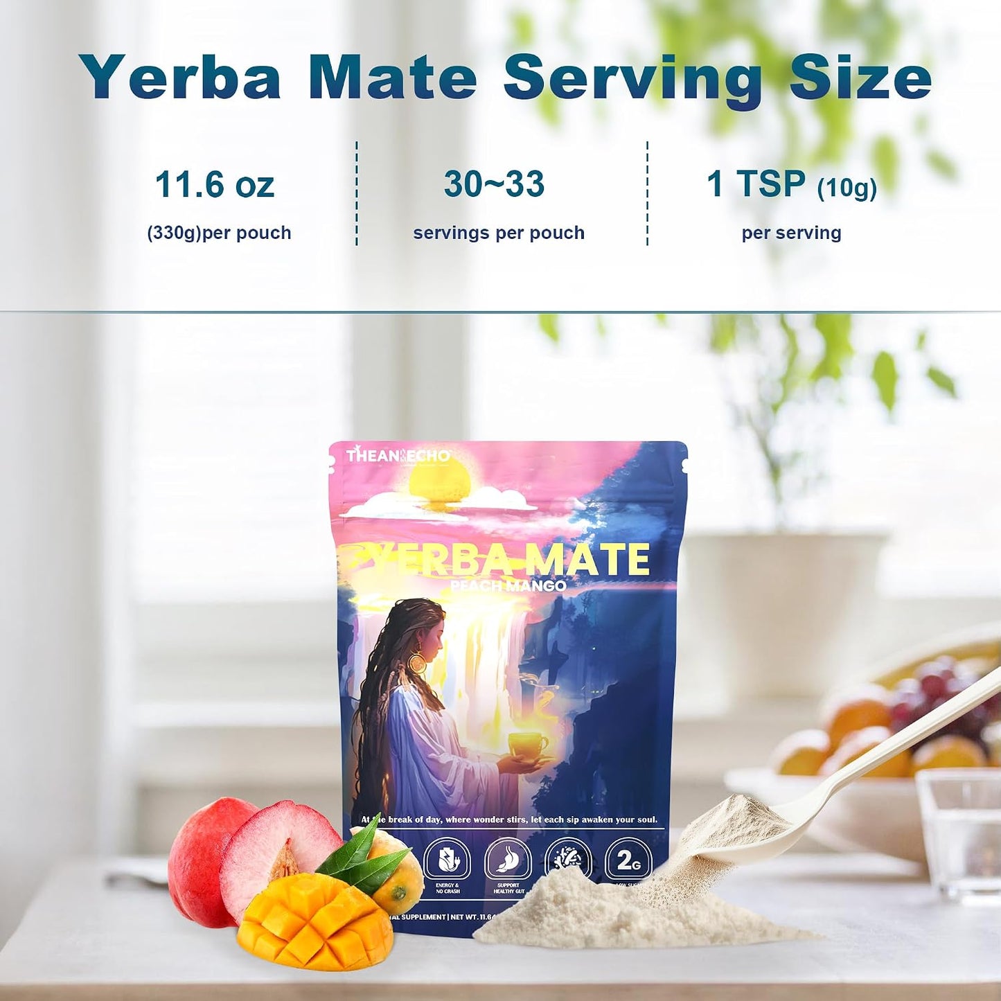 THEANECHO Yerba Mate Tea Powder, Peach Mango, Low Sugar, 30 Servings | Yerba mate tea powder with 2g sugar, lion's mane, L-theanine, prebiotic and probiotic blend