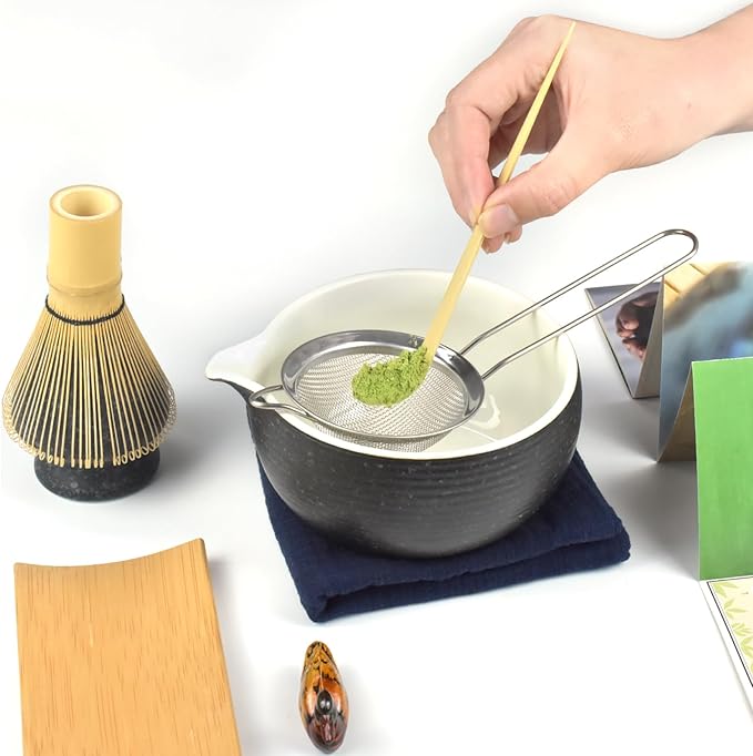 Artcome Bluestone Glaze Matcha Kit for Japanese Tea Ceremony, Bowl with Pouring Spout, Whisk, Tea Scoop, Matcha Powder Strainer, Matcha Tea Set For Making Usucha, Koicha and Matcha Latte (8 PCS)