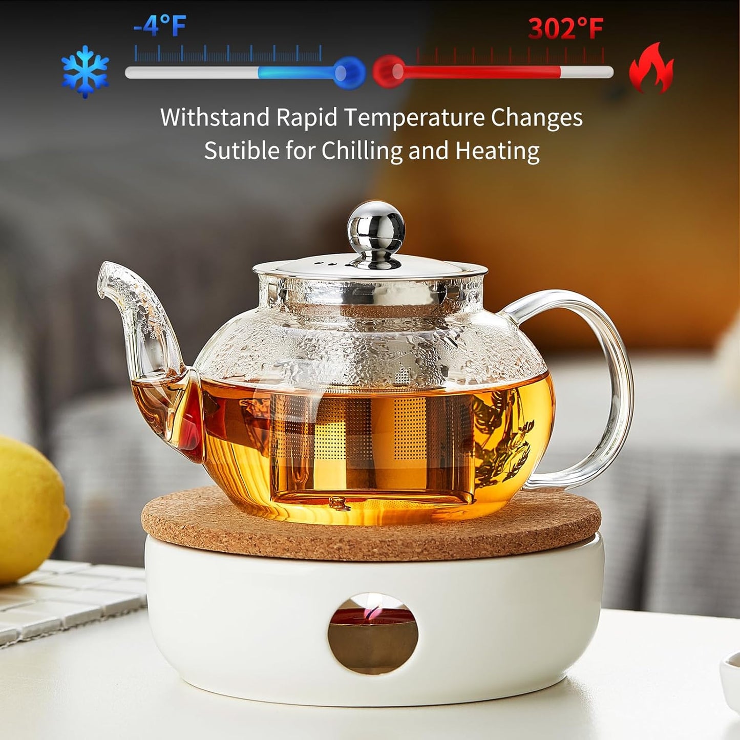 DOPUDO Glass Teapot with Infuser, 20 oz Borosilicate Tea Kettle | Clear borosilicate glass with removable 18/8 steel infuser for stovetop brewing of loose-leaf, herbal, and blooming tea.