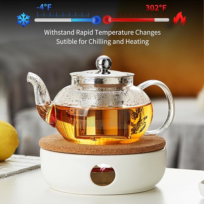 Glass Teapot with Removable Infuser, 27 oz/800ml Glass Tea Pot Small Borosilicate Tea Steeper Kettle with Loose Leaf Tea Strainer For Flower Blooming