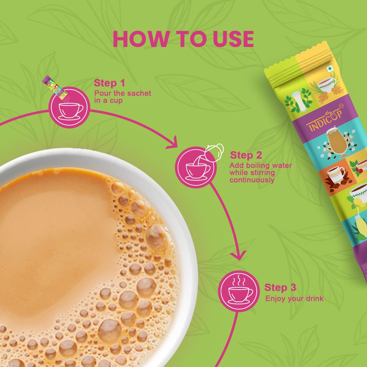 INDICUP Instant Chai Cardamom Tea Latte Diet | True Indian Taste | Just Add Hot Water | 10 Single Serve Sachets | 180g (6.35 Ounce)
