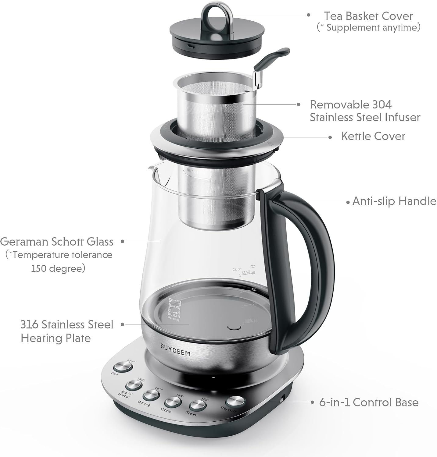 BUYDEEM K2423 Tea Maker, 5 Temperature Settings, Removable Infuser, 1.2L | 316 Stainless Steel, Heat Resistant DURAN® Glass Electric Kettle, Auto Keep Warm