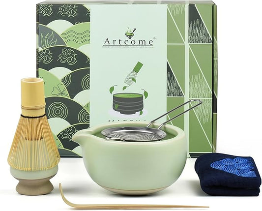 Artcome 7 Pcs Complete Matcha Ceremony Kit for Tea Ceremony, Bowl with Pouring Spout, Whisk, Tea Scoop, Matcha Powder Strainer, Matcha Tea Set For Making Usucha, Koicha and Matcha Latte (Green)