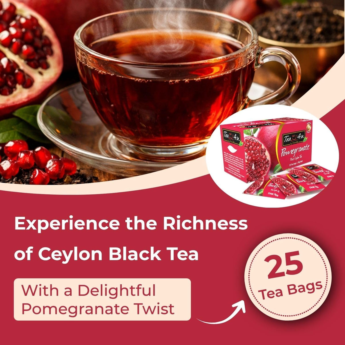Tea4U Pomegranate Black Ceylon Tea Bags - Sri Lankan Blend - 25 Count
