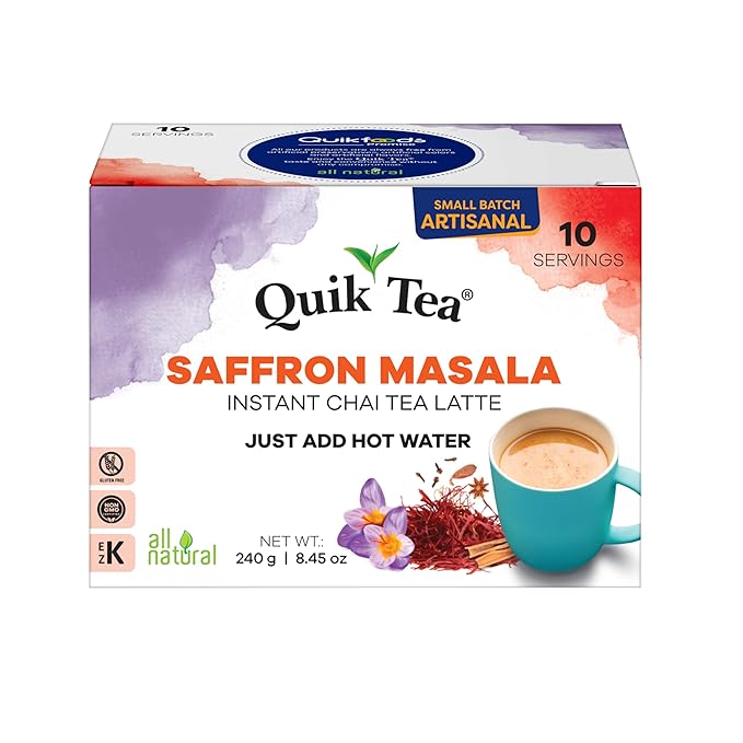 QuikTea Saffron Masala Chai Tea Latte – 10 Count, Bold Saffron Masala Flavor, no preservatives – Just Add Hot Water
