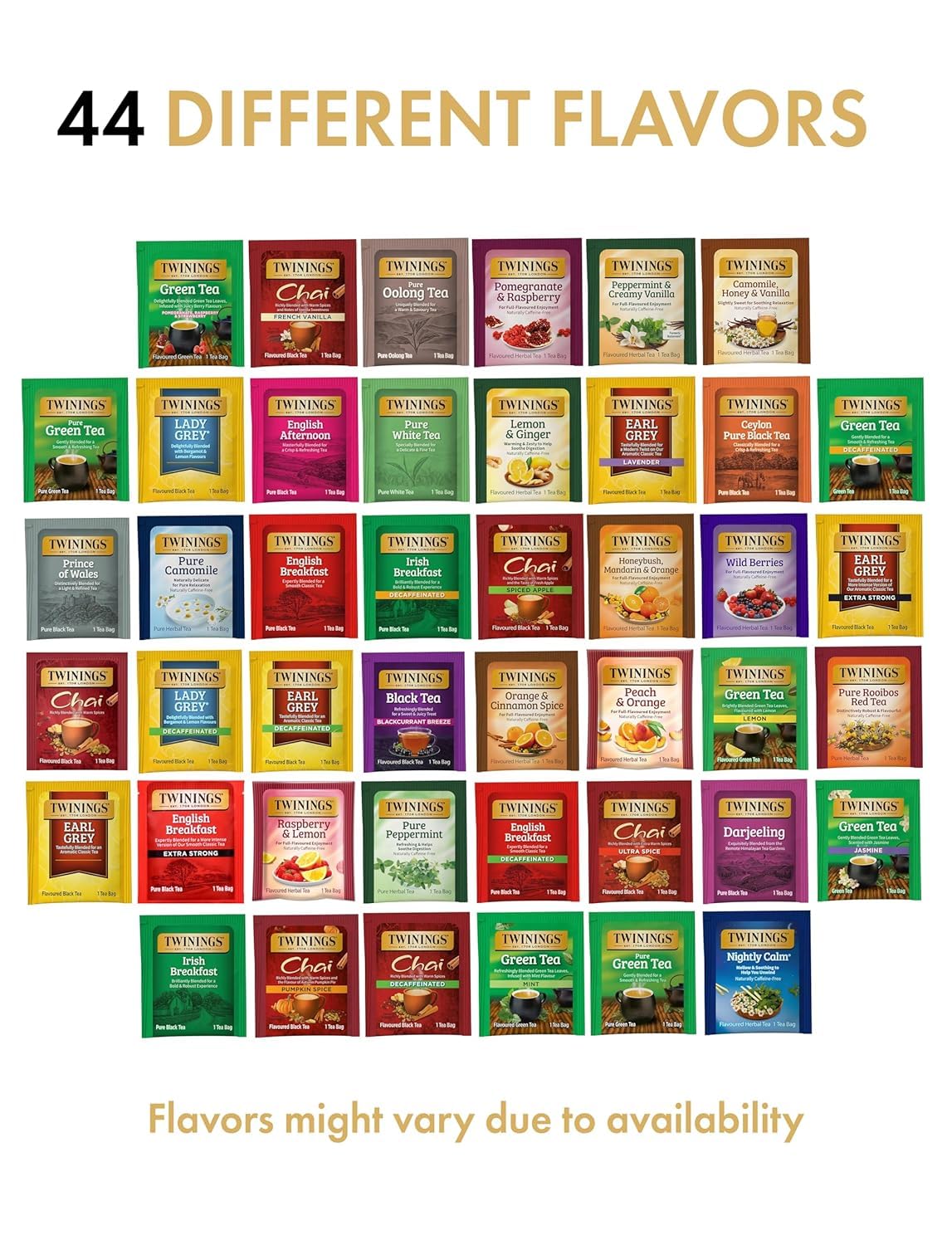 Tea Bag Sampler Assortment, Variety Pack (44 Count), 44 Unique Flavors for Tea Lovers