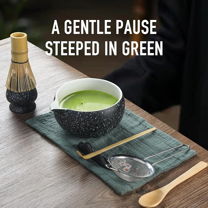 Black Matcha Whisk Set, 8 PCS Black Matcha Set Kit, Japanese Ceremonial Matcha Set Whisk and Bowl with Spout, Matcha Gift/Accessories