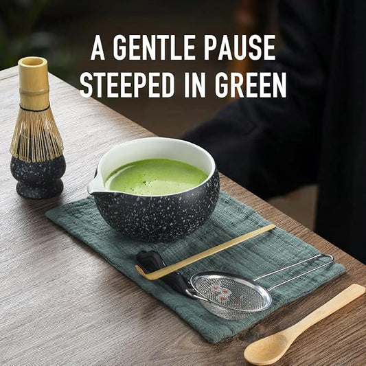 Black Matcha Whisk Set, 8 PCS Black Matcha Set Kit, Japanese Ceremonial Matcha Set Whisk and Bowl with Spout, Matcha Gift/Accessories