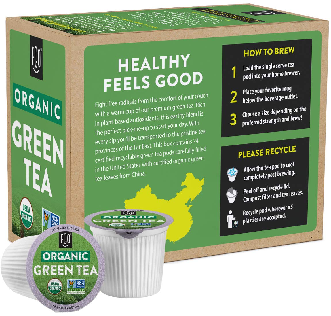 FGO Organic Green Tea K-Cup Pods for Keurig, 24 Count (Pack of 1), Premium Green Tea is USDA Organic, Non-GMO, & Recyclable with Naturally Occurring Caffeine