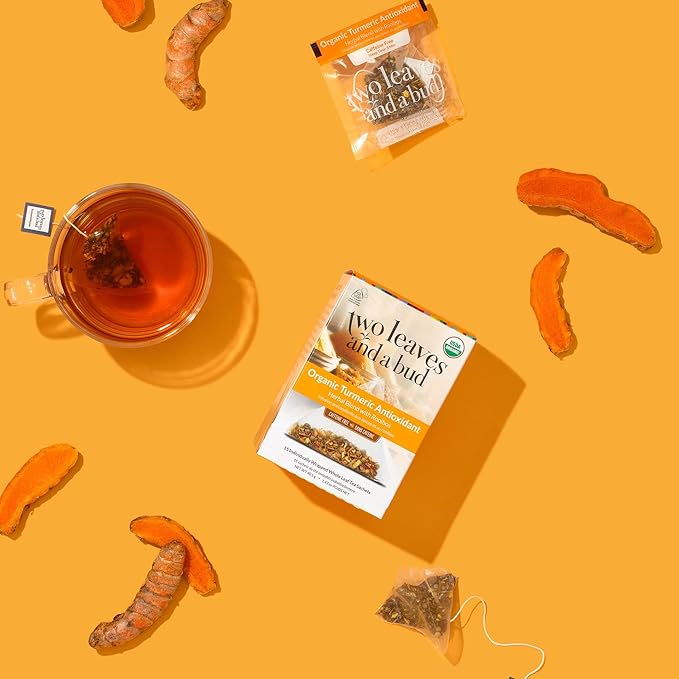 Two Leaves and a Bud Organic Turmeric Tea, Naturally Caffeine Free, Whole Leaf Herbal Tea in Sachets, 15 Count (Pack of 6)