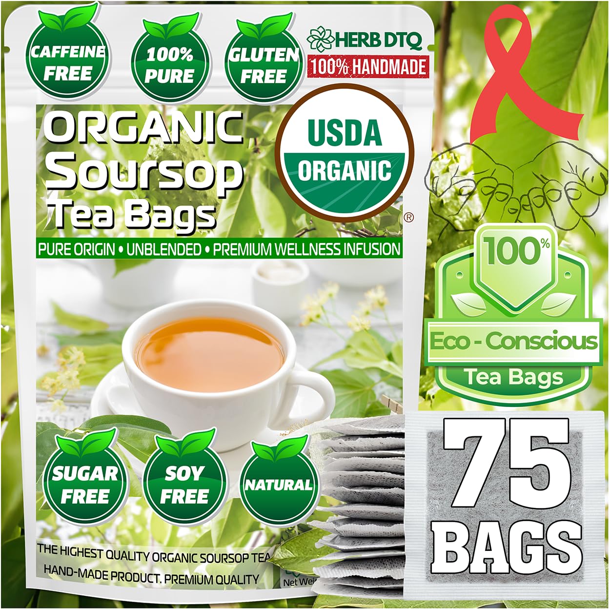 HERB DTQ USDA 100% Organic Soursop Graviola Leaf Tea Bags, Non-GMO, 75 Ct | Eco-Conscious Sachets, Sour Sop, Hojas de Guanabana, Vegan, Caffeine-Free, Sugar-Free, Gluten-Free, Sleep &amp; Digestion Support