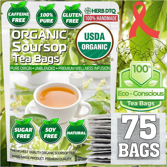 HERB DTQ USDA 100% Organic Soursop Graviola Leaf Tea Bags, Non-GMO, 75 Ct | Eco-Conscious Sachets, Sour Sop, Hojas de Guanabana, Vegan, Caffeine-Free, Sugar-Free, Gluten-Free, Sleep &amp; Digestion Support