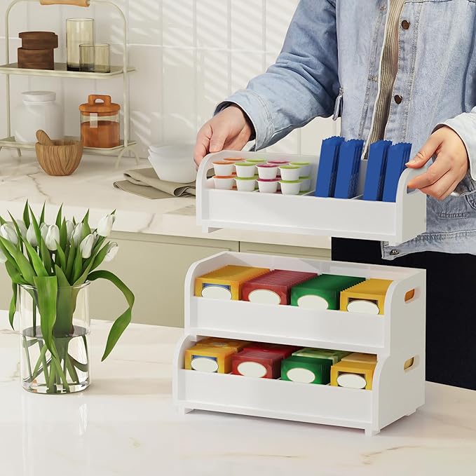 Wisuce Tea Holder for Tea Bags Organizer - White Bamboo Tea Organizer for Tea Bags 3-Tier Stackable Wall Mount Large Capacity Tea Storage Box to Pantry Countertop Kitchen Office