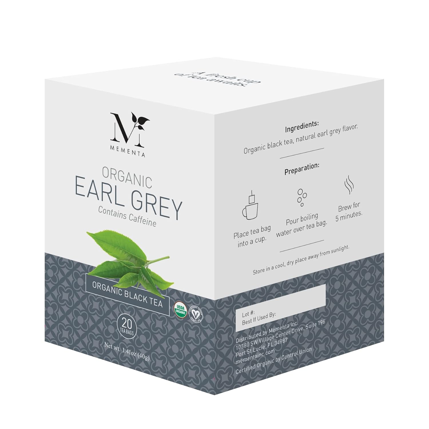 Mementa Inc Organic Earl Grey Tea - 20 Individually Wrapped Earl Grey Tea Bags Per Box, Pack of 6 - Premium Quality, Certified Organic Ingredients for a Refreshing Experience