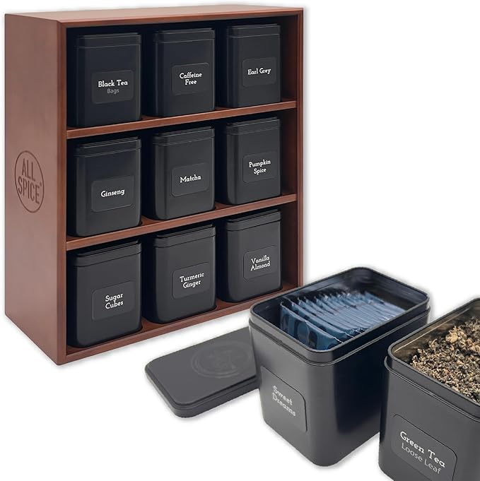 AllSpice Tea Organizer Rack with 9 Tins & 160 Magnetic Labels – Perfect for Bagged & Loose Leaf Tea 