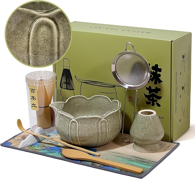 Matcha Whisk Set with Ceramic Bowl - Bamboo Whisk (Chasen), Scoop, Sifter & Holder - Complete Kit fo