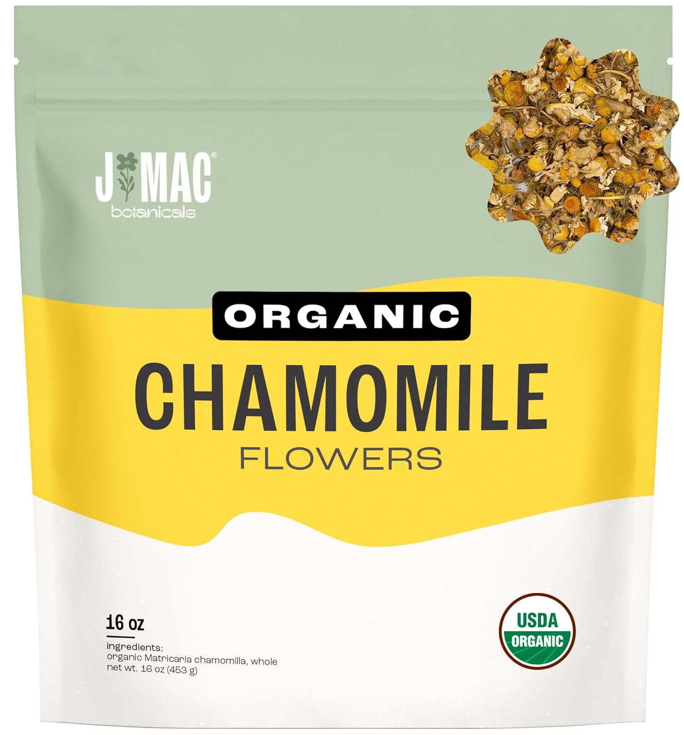 J Mac Botanicals Organic Chamomile Flowers (16 oz) – Whole Egyptian Chamomile Loose Leaf Herbal Tea, Caffeine-Free, Premium Dried Chamomile Flowers for Tea, Baths &amp; Blends