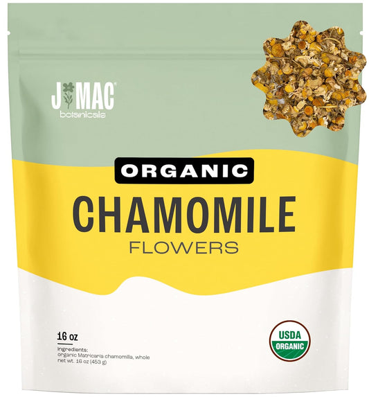 J Mac Botanicals Organic Chamomile Flowers (16 oz) – Whole Egyptian Chamomile Loose Leaf Herbal Tea, Caffeine-Free, Premium Dried Chamomile Flowers for Tea, Baths &amp; Blends
