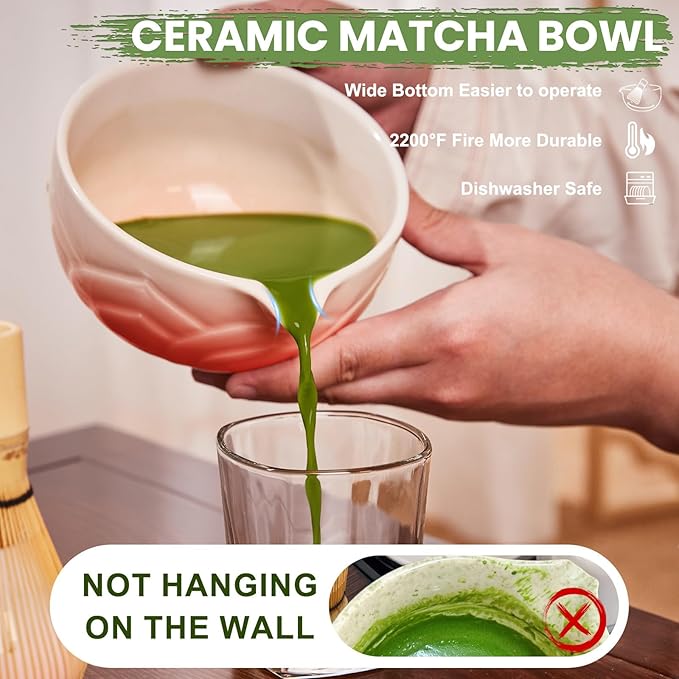 Matcha Whisk Set, Lotus Gradient Red Ceramic Matcha Set Includes Matcha Bowl, Matcha Whisk (Chasen) and Holder, Sifter, Bamboo Scoop & Spoon - 6 Pcs Matcha Kit for Matcha Lovers