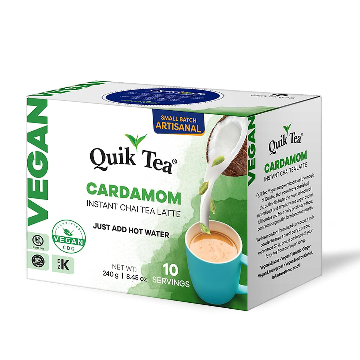 QuikTea Vegan Instant Chai Tea Latte Mix, Cardamom, 10 Sachets