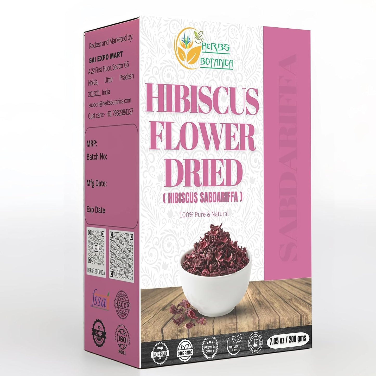 Herbs Botanica Hibiscus Flower Dried Organic For Tea, Hair Growth, Flor De Jamaica Organica Whole Full Flower Petals Cake Decoration &amp; Cocktails 7.05 Oz / 200 Gms